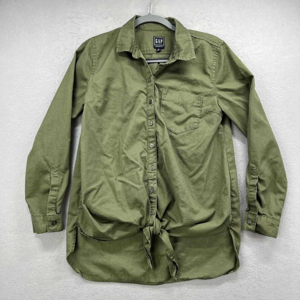 GAP Maternity Shirt Womens Small Olive Green Long Sleeve Tie Front Button Up